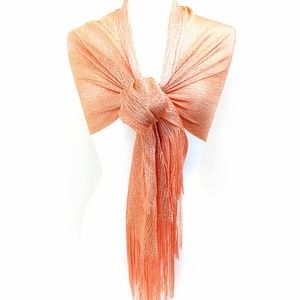 Fringed Peach Orange Gold Metallic Threads Mesh Evening Wrap Shawl Prom Wedding